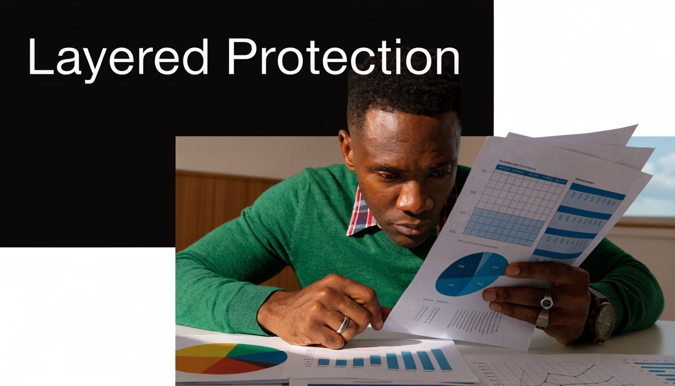 A man in a green sweater reviewing financial documents and charts to evaluate layered insurance protection.