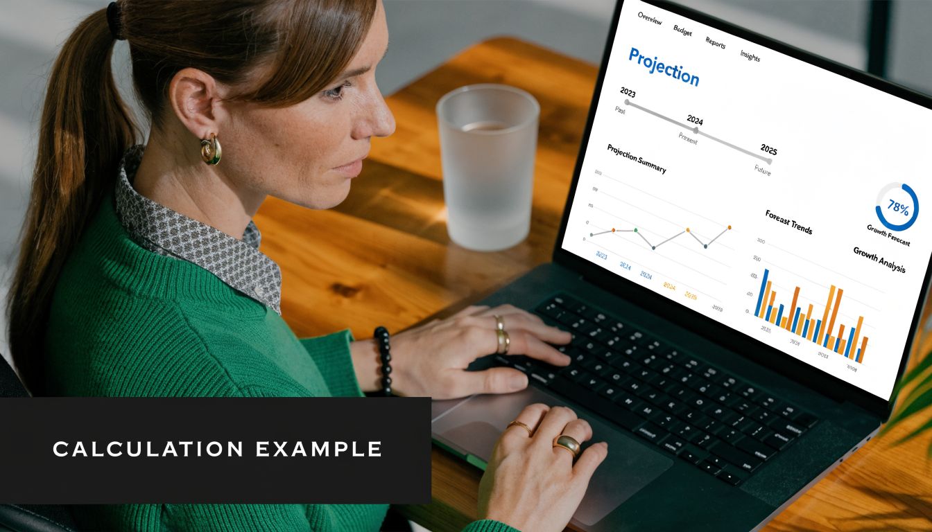 A businesswoman working on a laptop displaying financial projection charts and business data analytics on the screen.