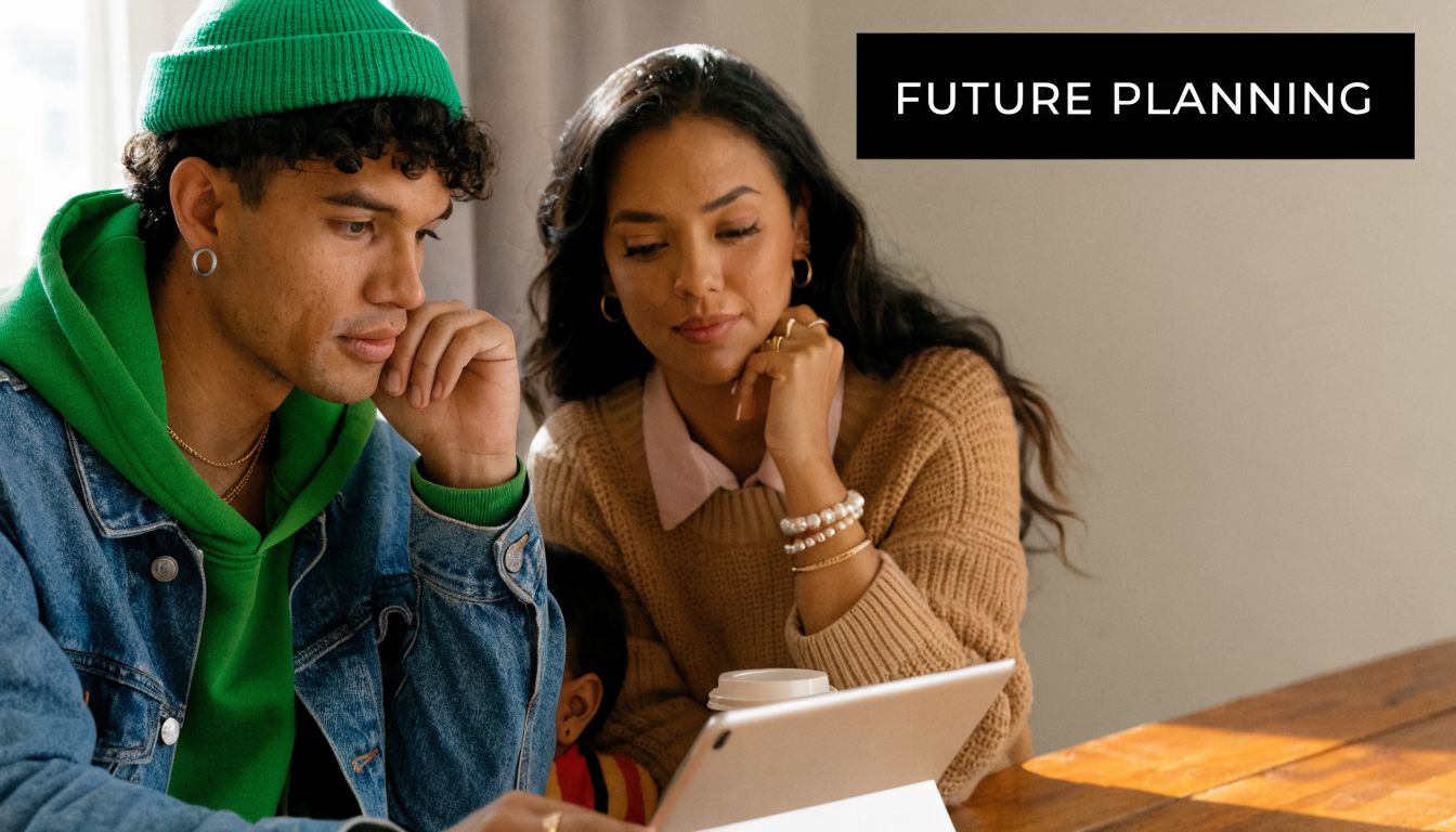 A couple looking at a tablet together while engaged in financial future planning at home.