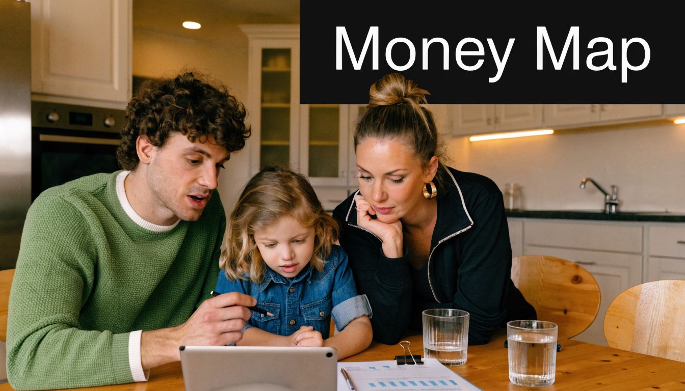 A young family of three sitting at a kitchen table looking at a tablet and financial documents.