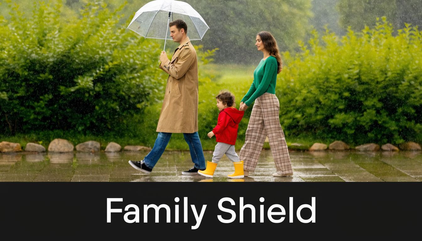 A young family of three walking together in the rain while holding a protective transparent umbrella.