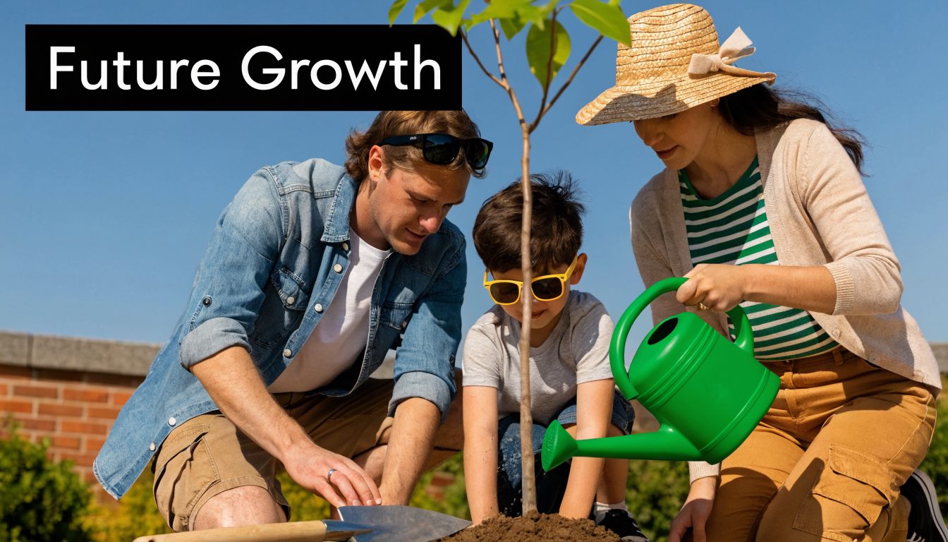 A young family including a father, mother, and son planting and watering a small tree together outdoors.
