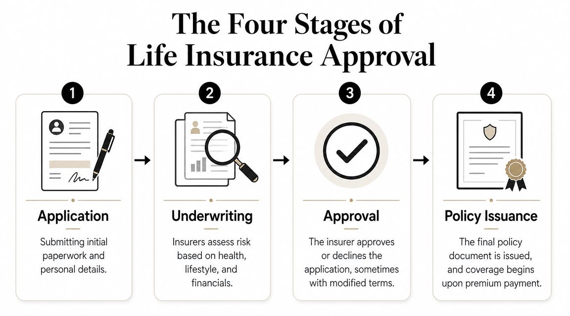 A diagram outlining the four stages of life insurance approval from initial application to final policy issuance.