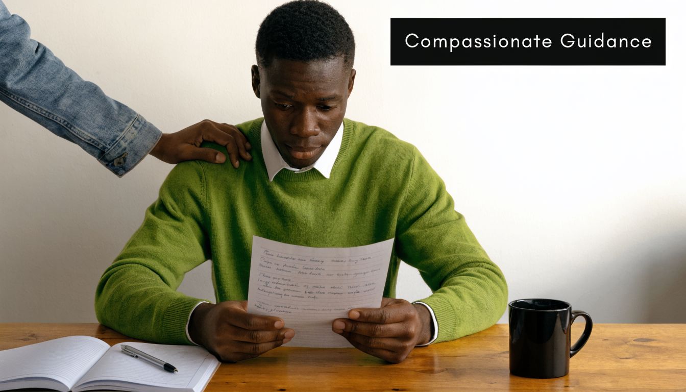 A person placing a reassuring hand on the shoulder of a man reading a document at a desk.