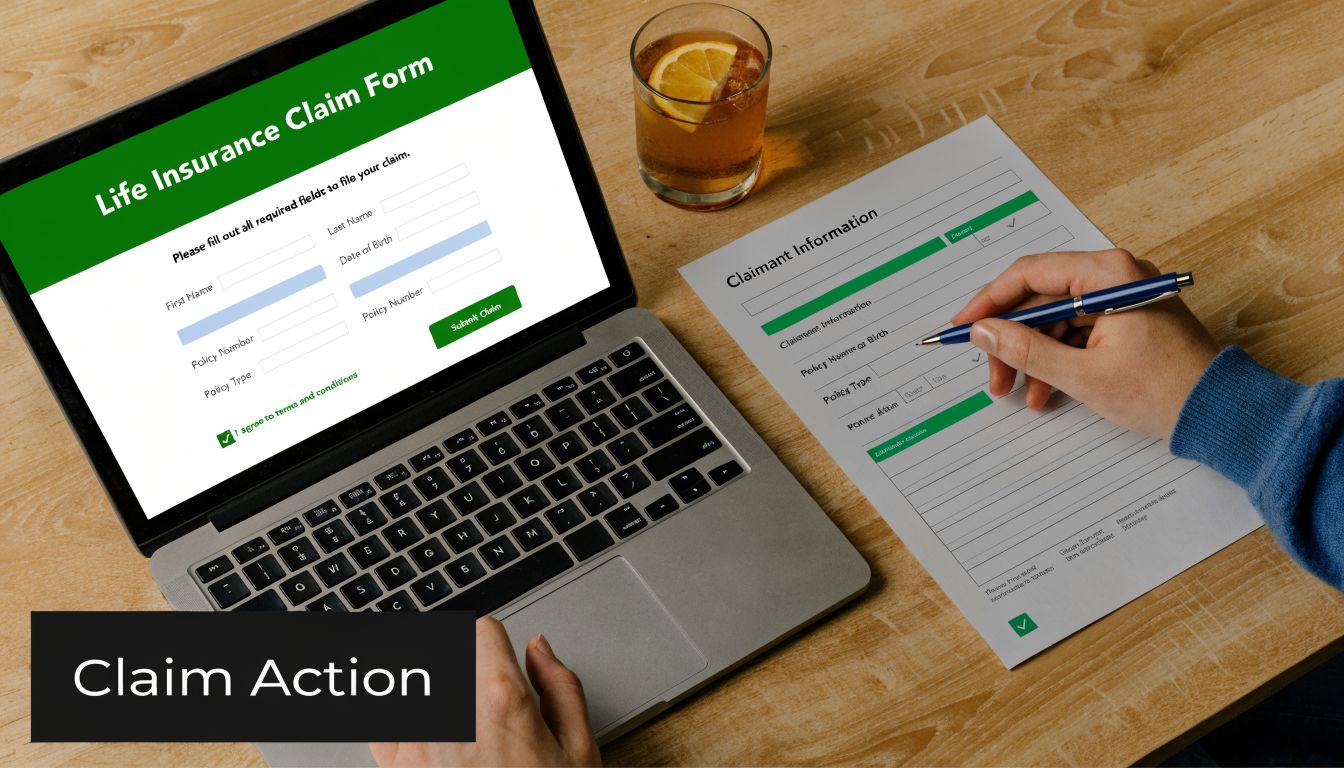 A person filling out a life insurance claim form on a laptop and paper document