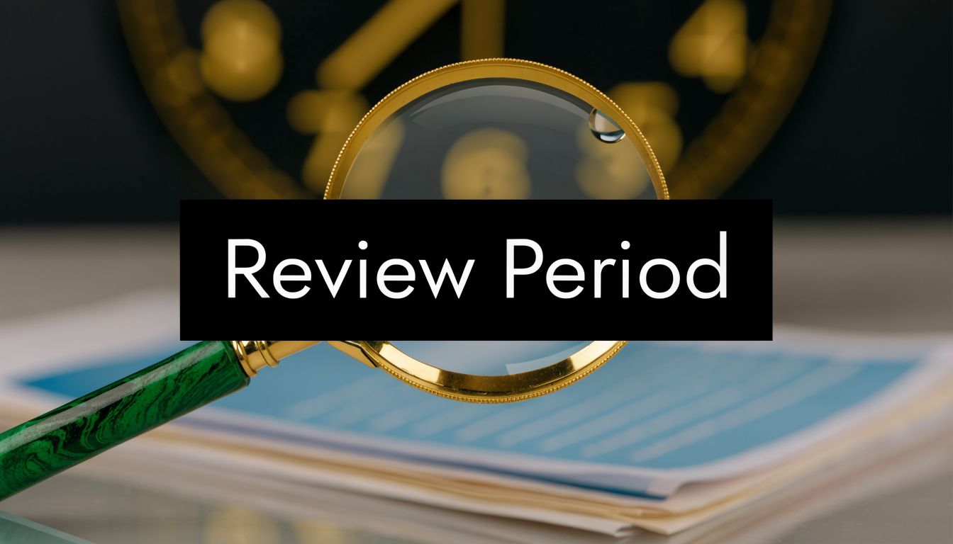 A magnifying glass resting on paperwork with a clock in the background representing a review period.