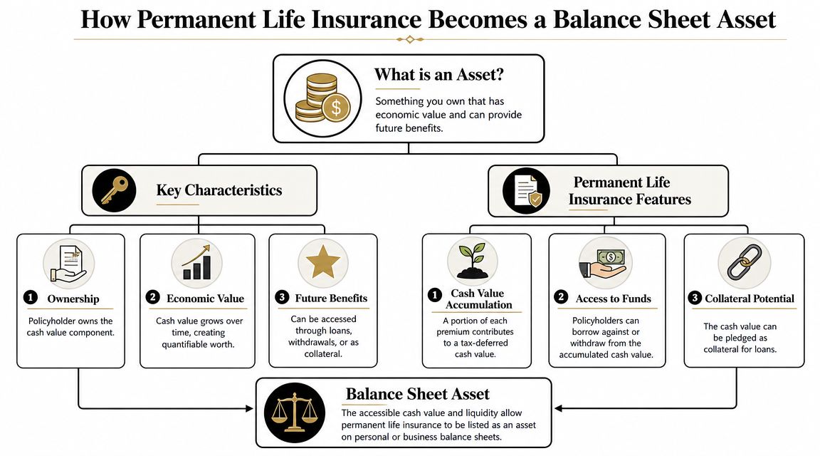 A flowchart explaining how permanent life insurance policies function as financial assets on a balance sheet.