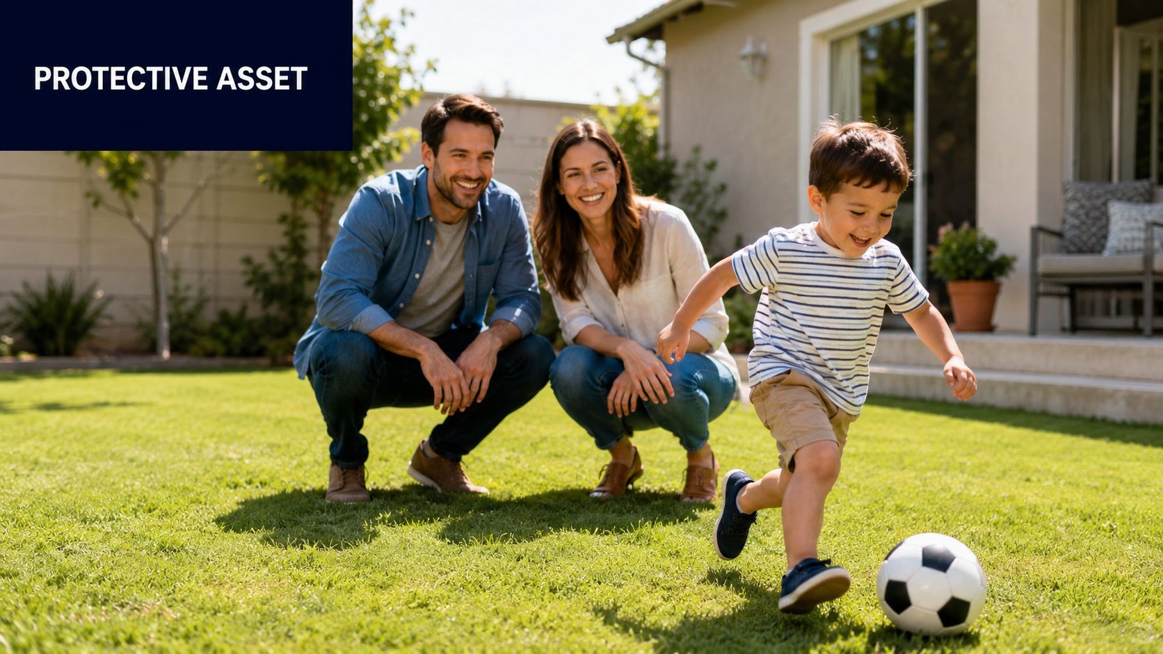 A happy family watching their young son playing with a soccer ball in their backyard.