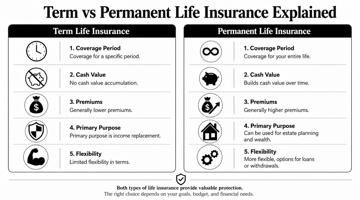 A comparison chart explaining the key differences between term and permanent life insurance policies.