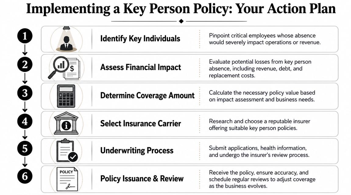 A step-by-step infographic titled Implementing a Key Person Policy showing six stages of the planning process.
