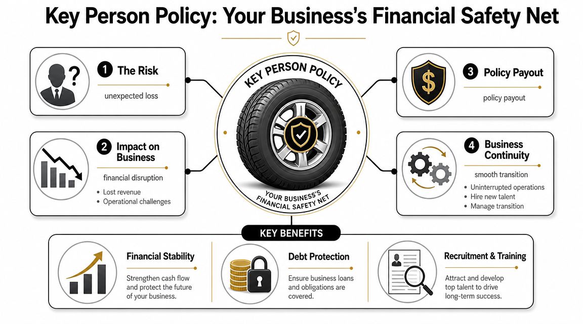 An infographic titled Key Person Policy explaining how business financial safety nets handle risks, payouts, and continuity.