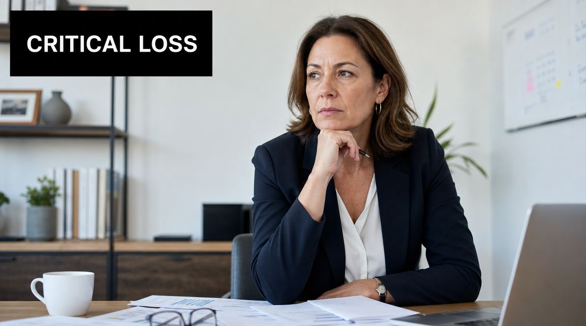 A concerned professional woman in a suit looking thoughtful while reviewing documents in her home office.