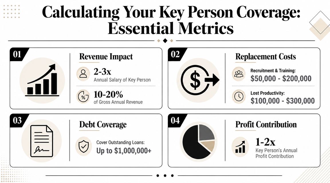 A professional infographic outlining the essential metrics for calculating key person life insurance coverage requirements.