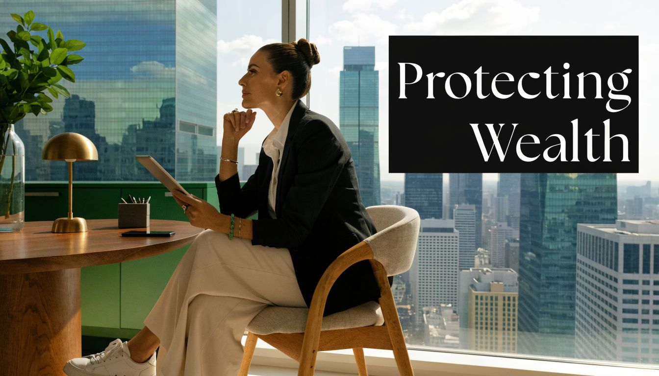 A professional woman in a suit sitting at a desk with a city view, holding a tablet.