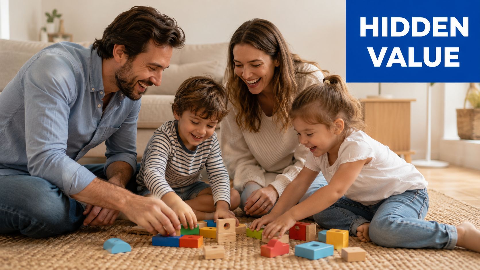 A happy young family plays together with colorful building blocks on the carpet in their living room.