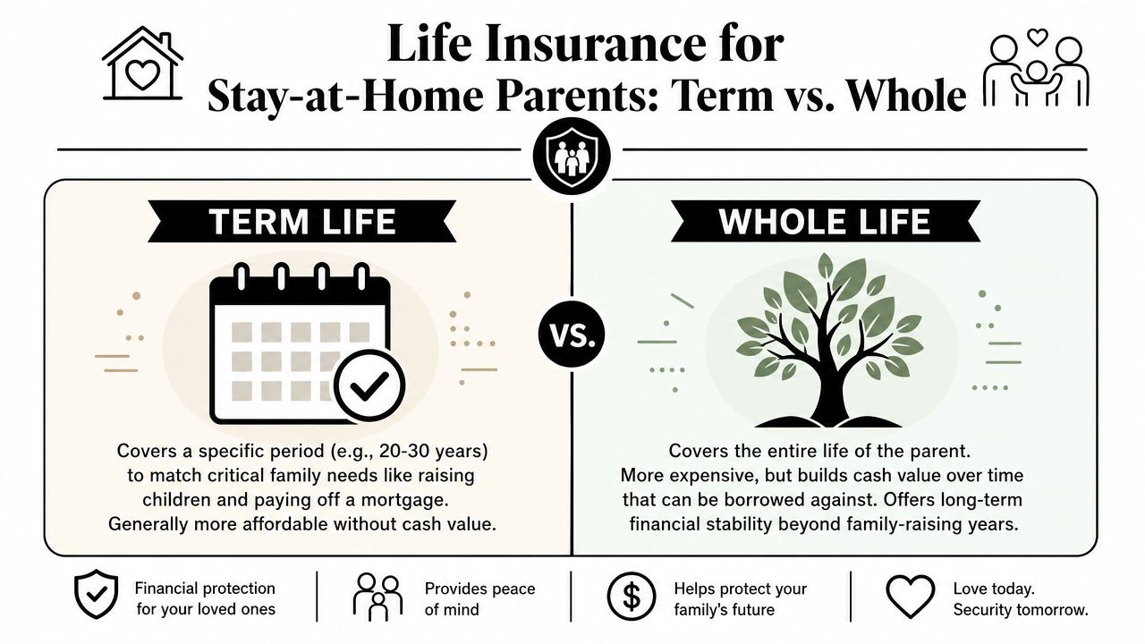 An infographic comparing term life insurance and whole life insurance options for stay-at-home parents.