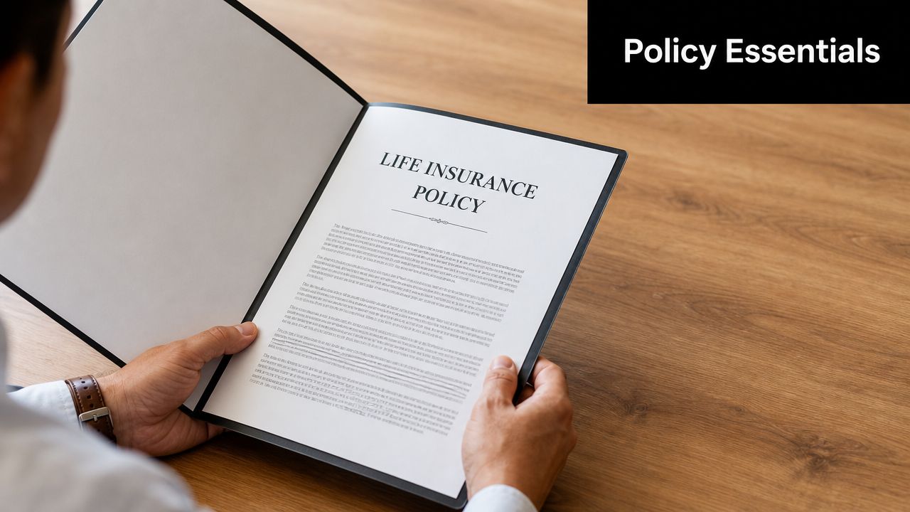 A man in a business shirt reviews a life insurance policy document in a professional office setting.
