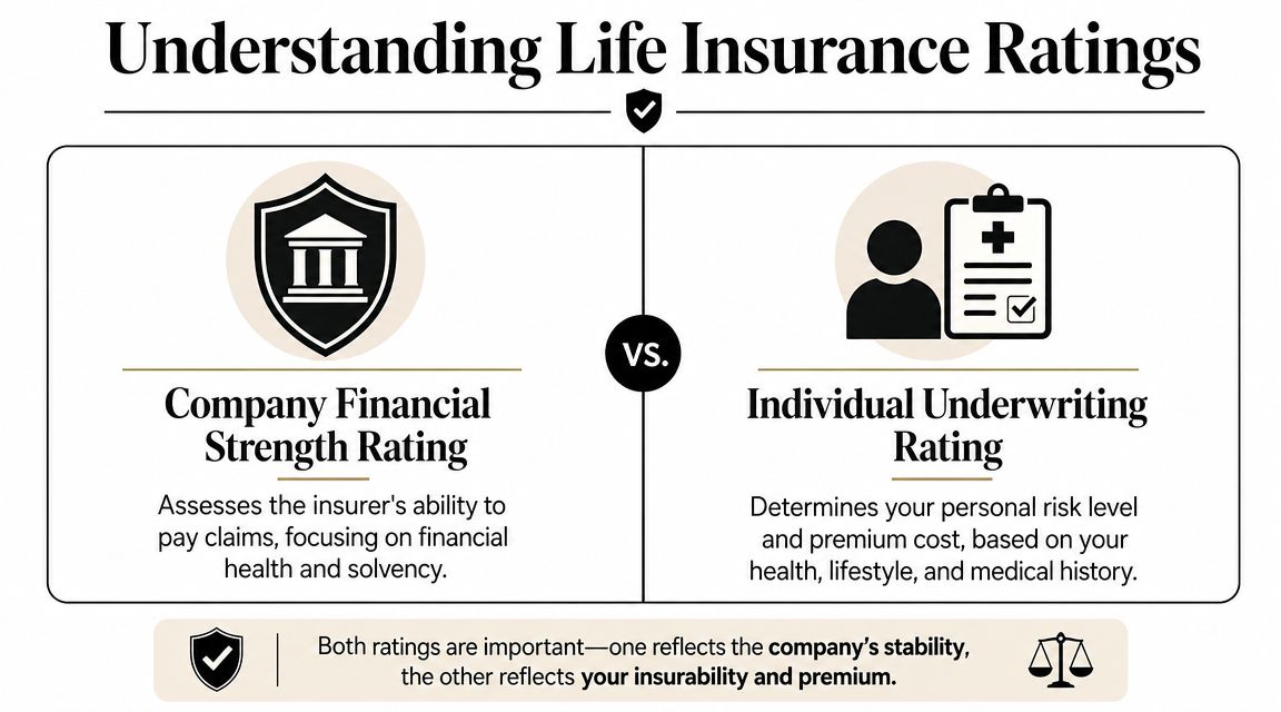 An infographic comparing company financial strength ratings and individual underwriting ratings in life insurance.