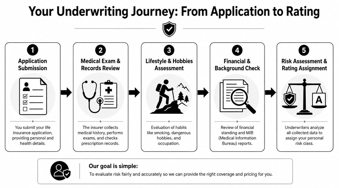 A five-step infographic explaining the life insurance underwriting process from application submission to final risk rating assignment.