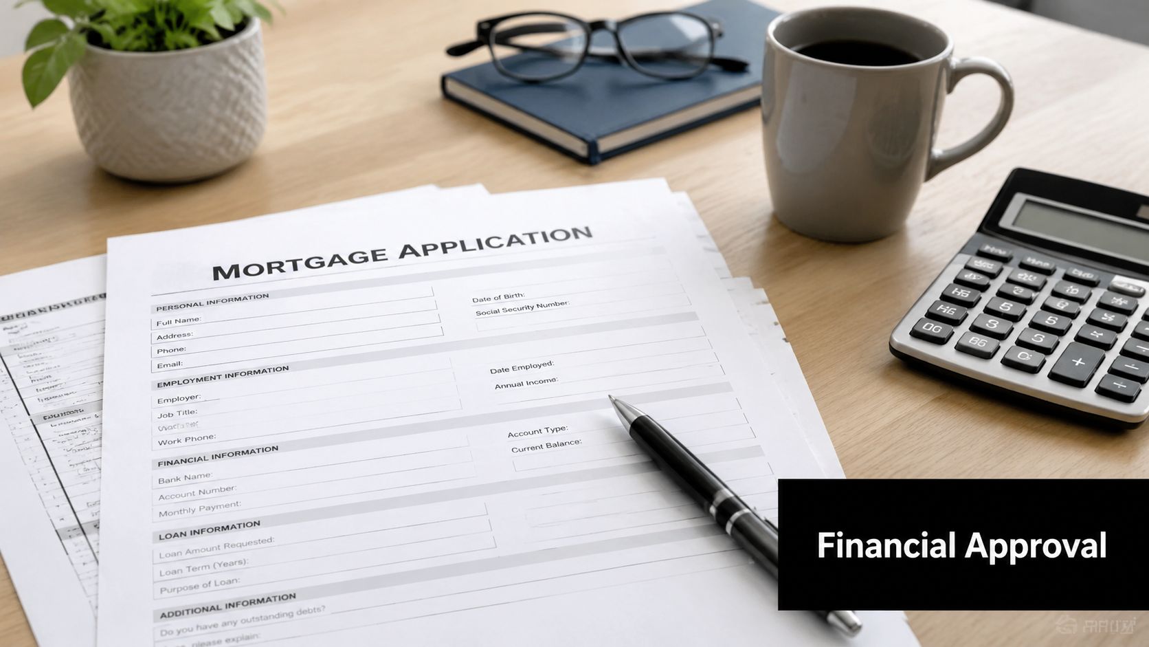 A mortgage application form on a wooden desk with a pen, coffee, glasses, and a calculator.