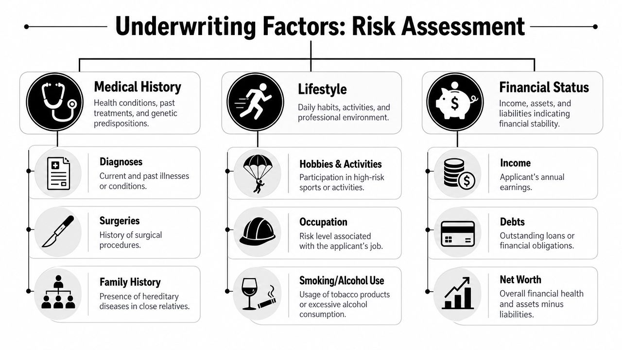 A diagram outlining the underwriting factors for risk assessment in insurance including medical, lifestyle, and financial criteria.