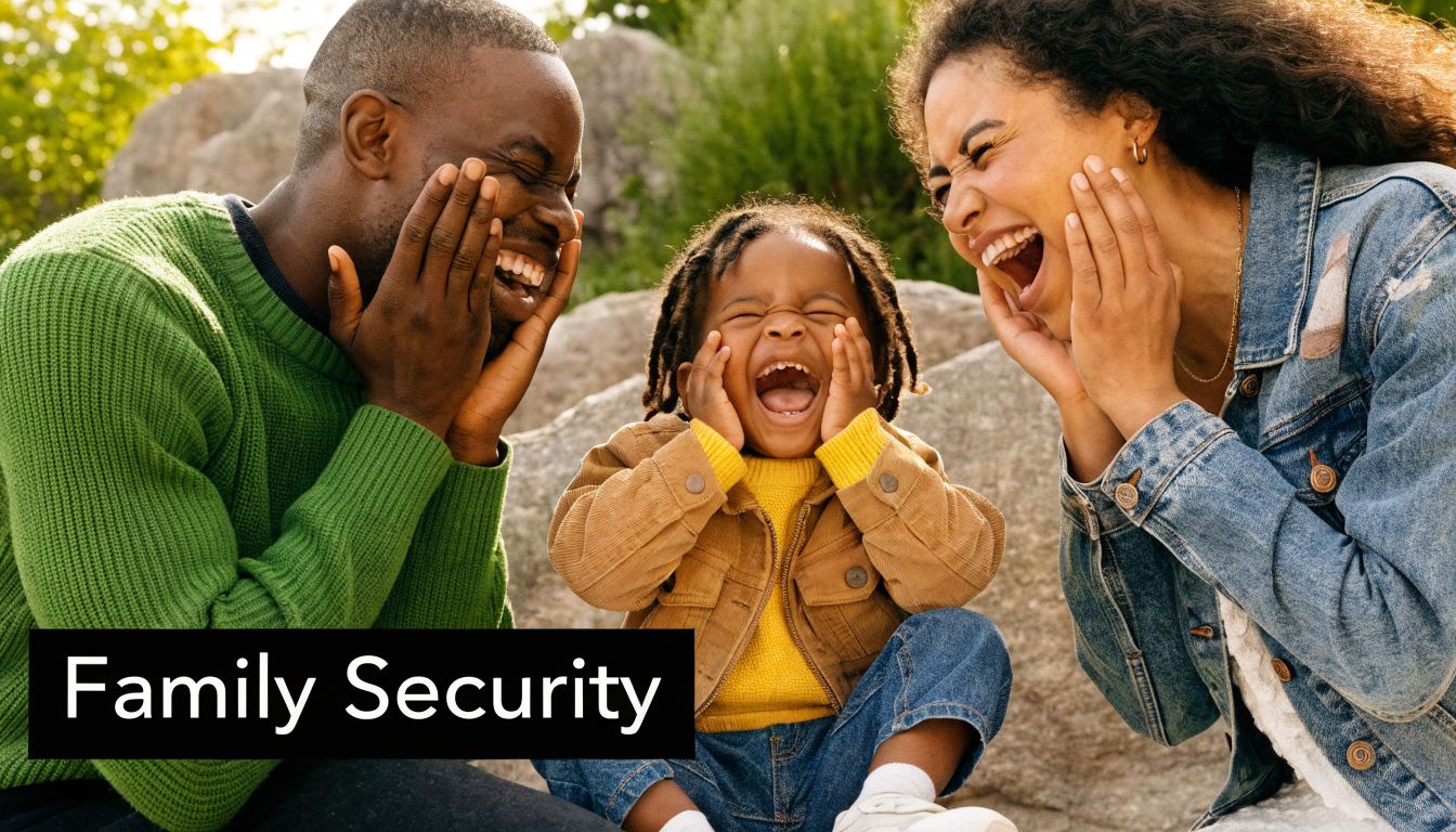 A happy Black family laughing together outdoors, representing financial peace of mind and family security.
