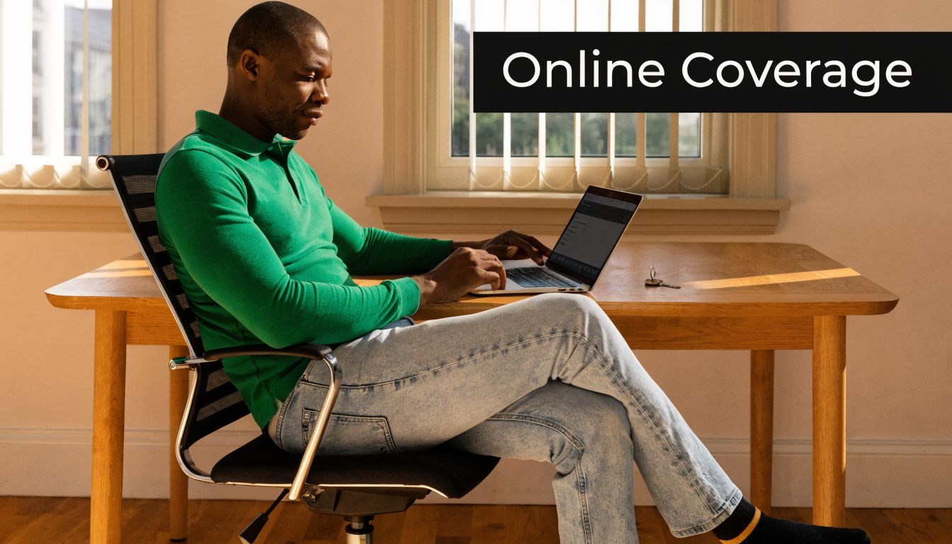 A man wearing a green long-sleeve shirt sitting at a wooden desk while working on his laptop.
