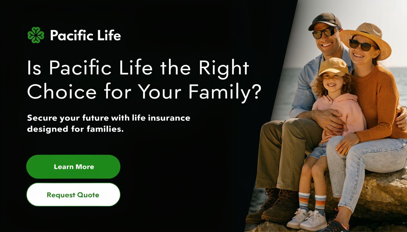 A family of three smiling while sitting on rocks by the sea, promoting Pacific Life insurance services.