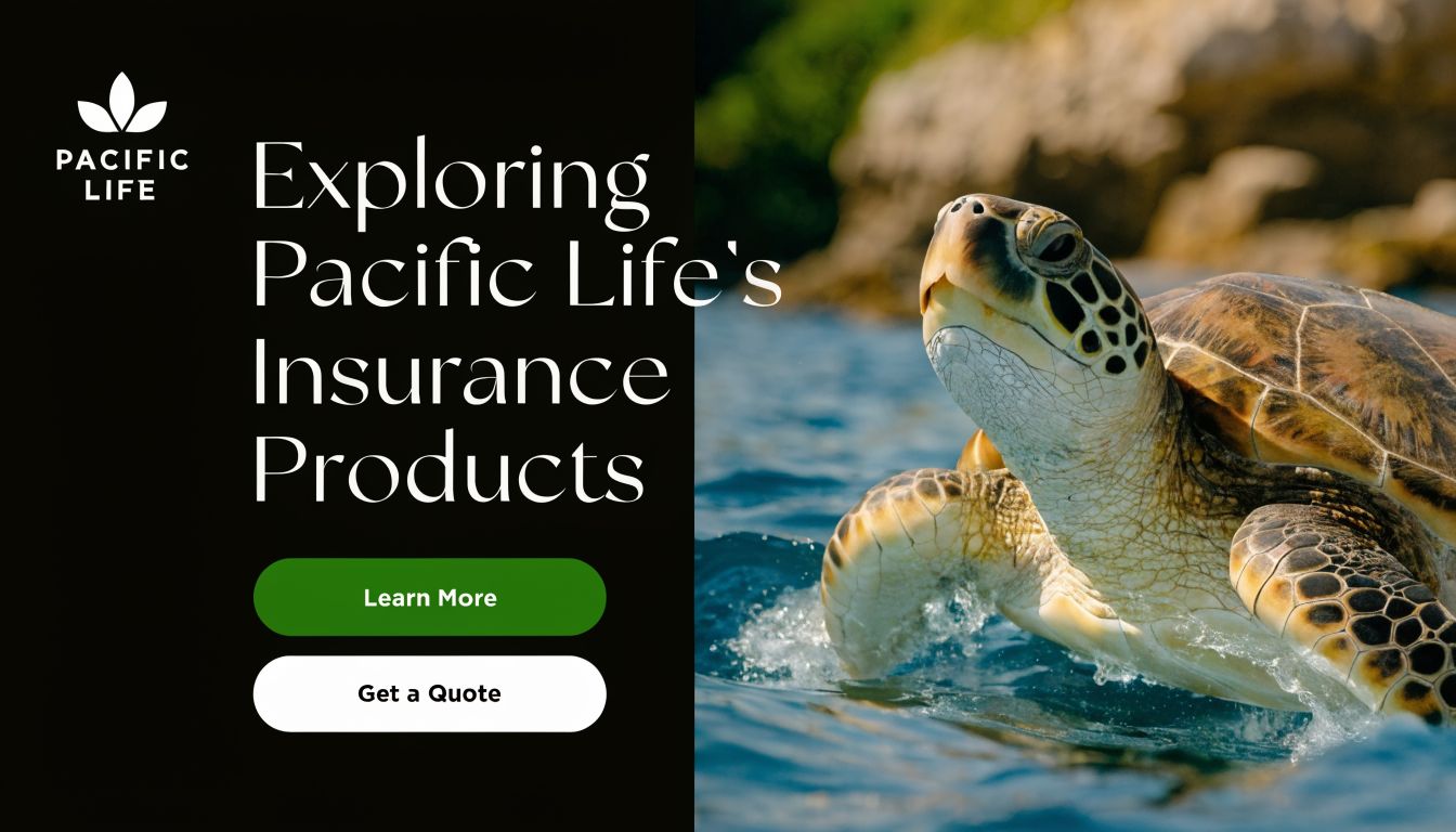 A Pacific Life advertisement showing a sea turtle swimming in blue water next to informational text buttons.