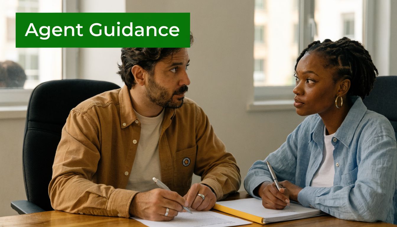 A professional insurance agent providing guidance and reviewing documents with a client in an office setting.