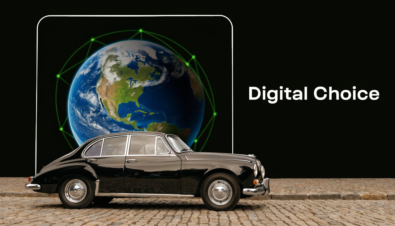 A vintage black car parked in front of a glowing digital earth graphic with the text Digital Choice.