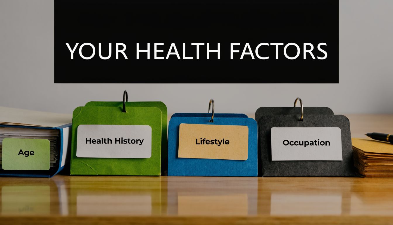 Four file folders labeled Age, Health History, Lifestyle, and Occupation arranged on a wooden desk.