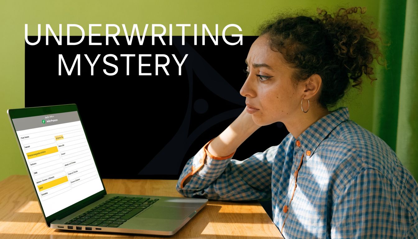 A woman looks frustrated while reviewing an insurance underwriting form on her laptop at a desk.