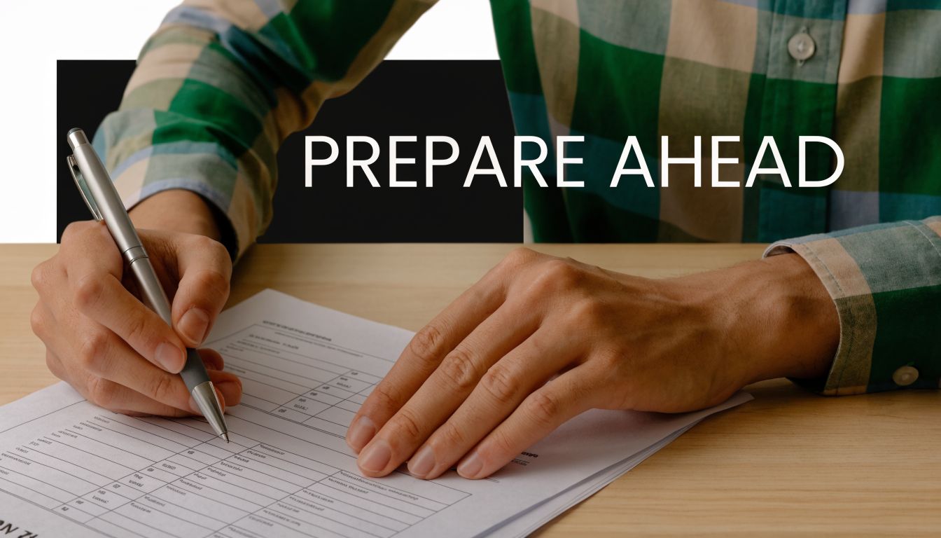 A person wearing a plaid shirt filling out an insurance form with a pen on a desk.