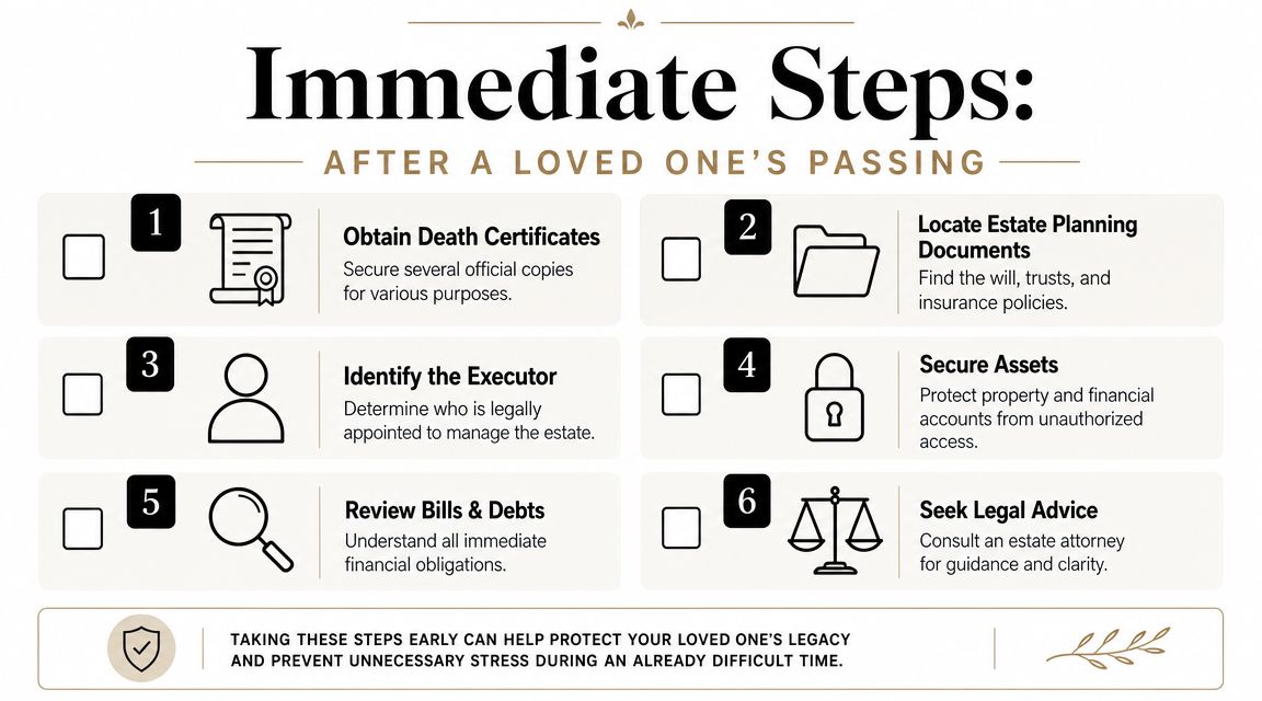 A helpful checklist infographic titled Immediate Steps outlining six essential tasks to take after a loved one passes.