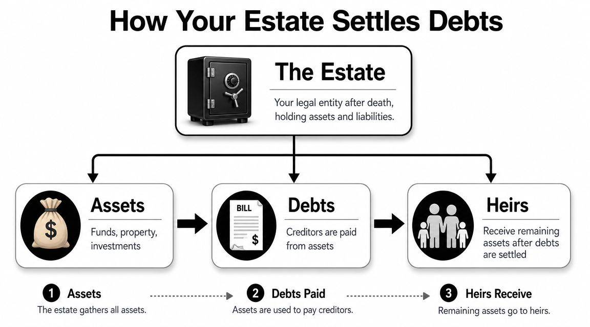 A flow chart explaining how an estate settles debts by using assets to pay creditors before heirs receive the remainder.