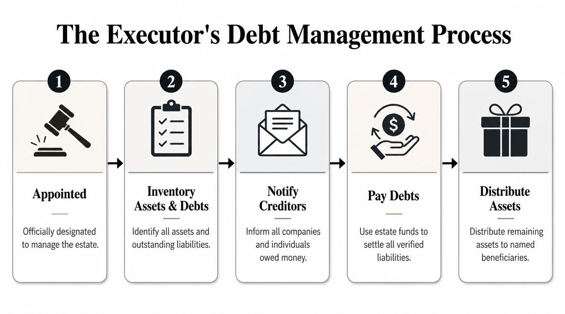 A five-step infographic detailing the executor's debt management process for handling an estate after a death.