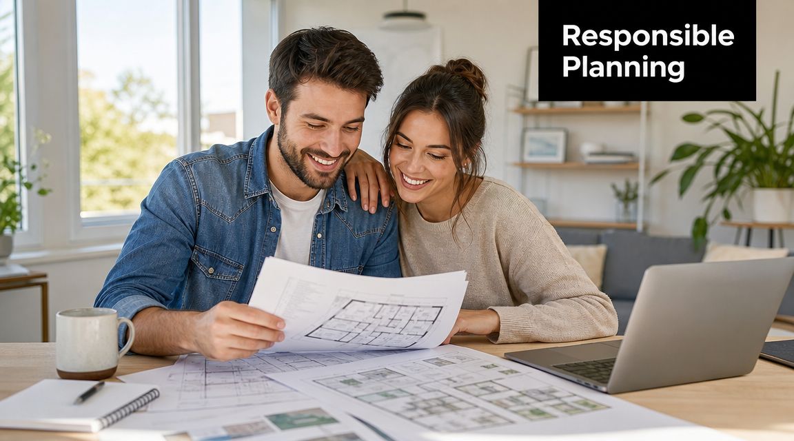 A happy couple reviewing house blueprints together at a desk for their home financial planning process.