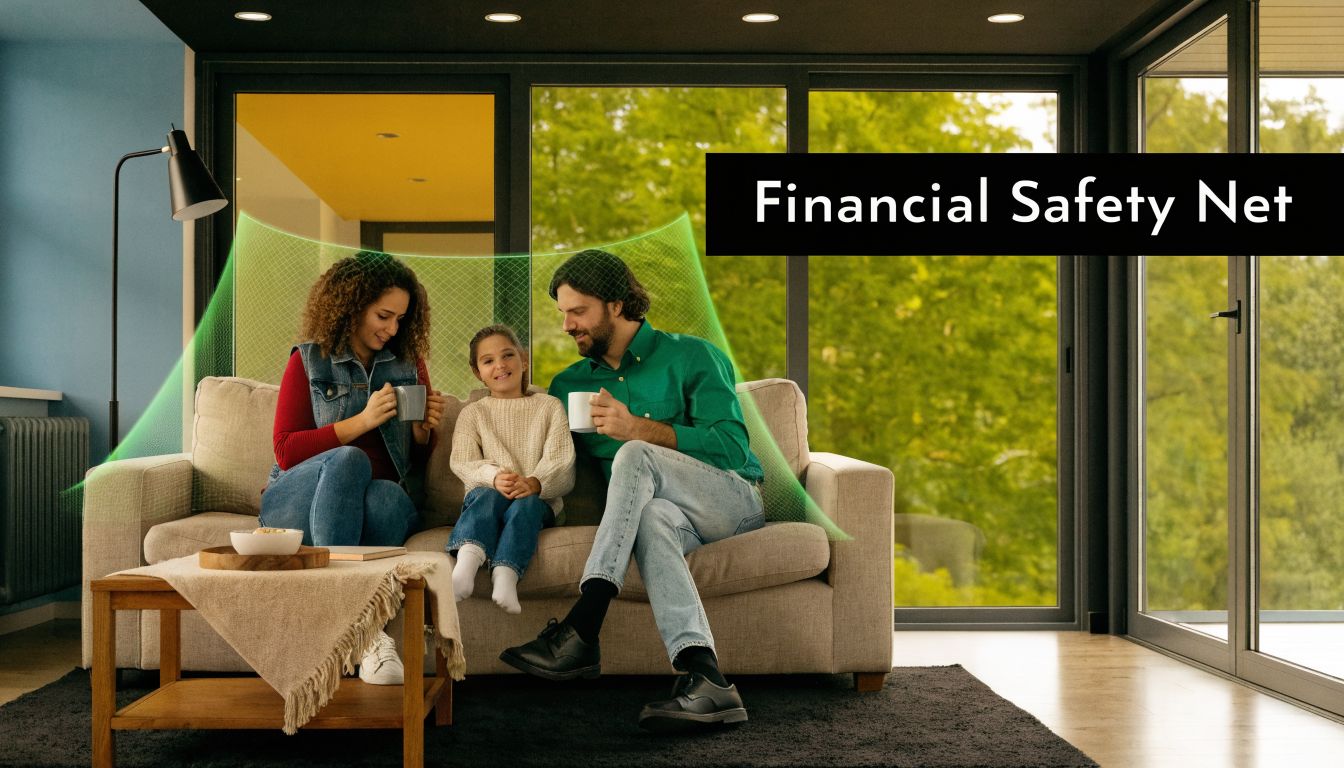 A happy family sitting on a sofa under a glowing green net representing a financial safety net.