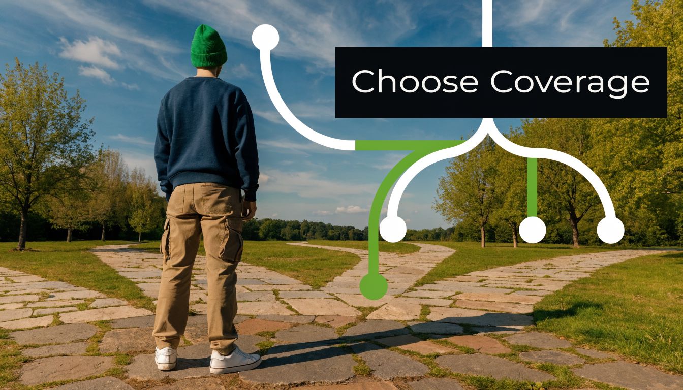A person standing at a fork in a stone path, with a digital graphic overlaying choices.
