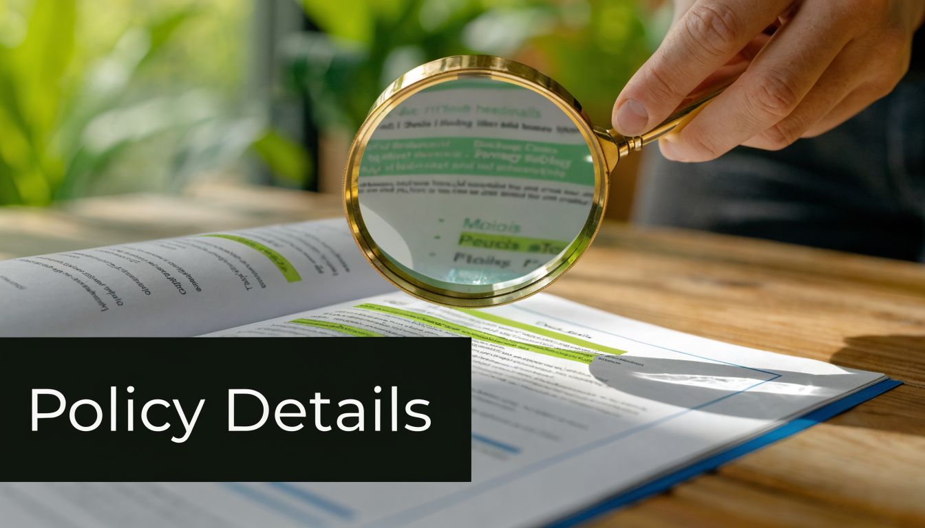 A hand holds a magnifying glass over a document detailing life insurance policy information on a wooden desk.