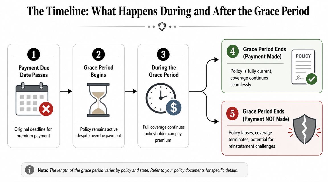 A timeline graphic explaining the insurance grace period process from the payment deadline through potential policy termination.