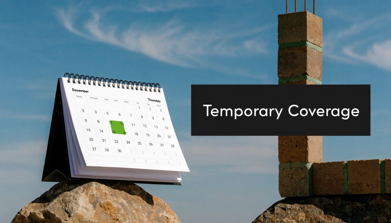 A desk calendar resting on a rock near a construction site with the text Temporary Coverage displayed.