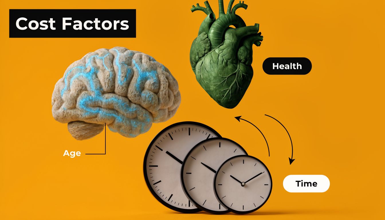 Visual representation of cost factors for life insurance including a brain for age, a heart for health, and clocks for time.