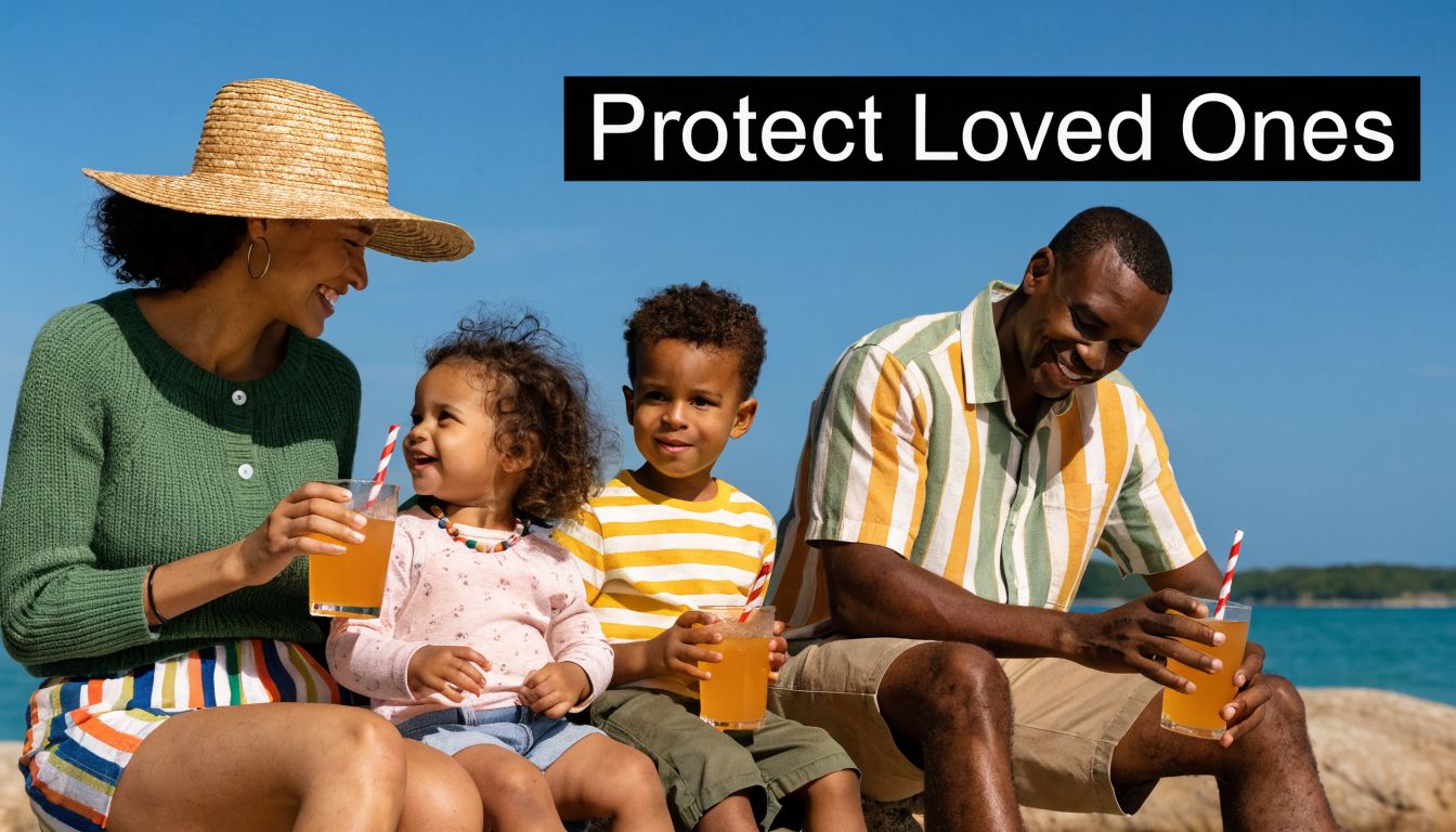 A happy family of four sitting on a beach while drinking refreshing juice on a sunny day.