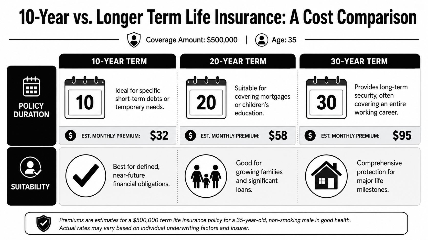 A cost comparison chart for 10, 20, and 30-year term life insurance policies with a $500,000 coverage amount.
