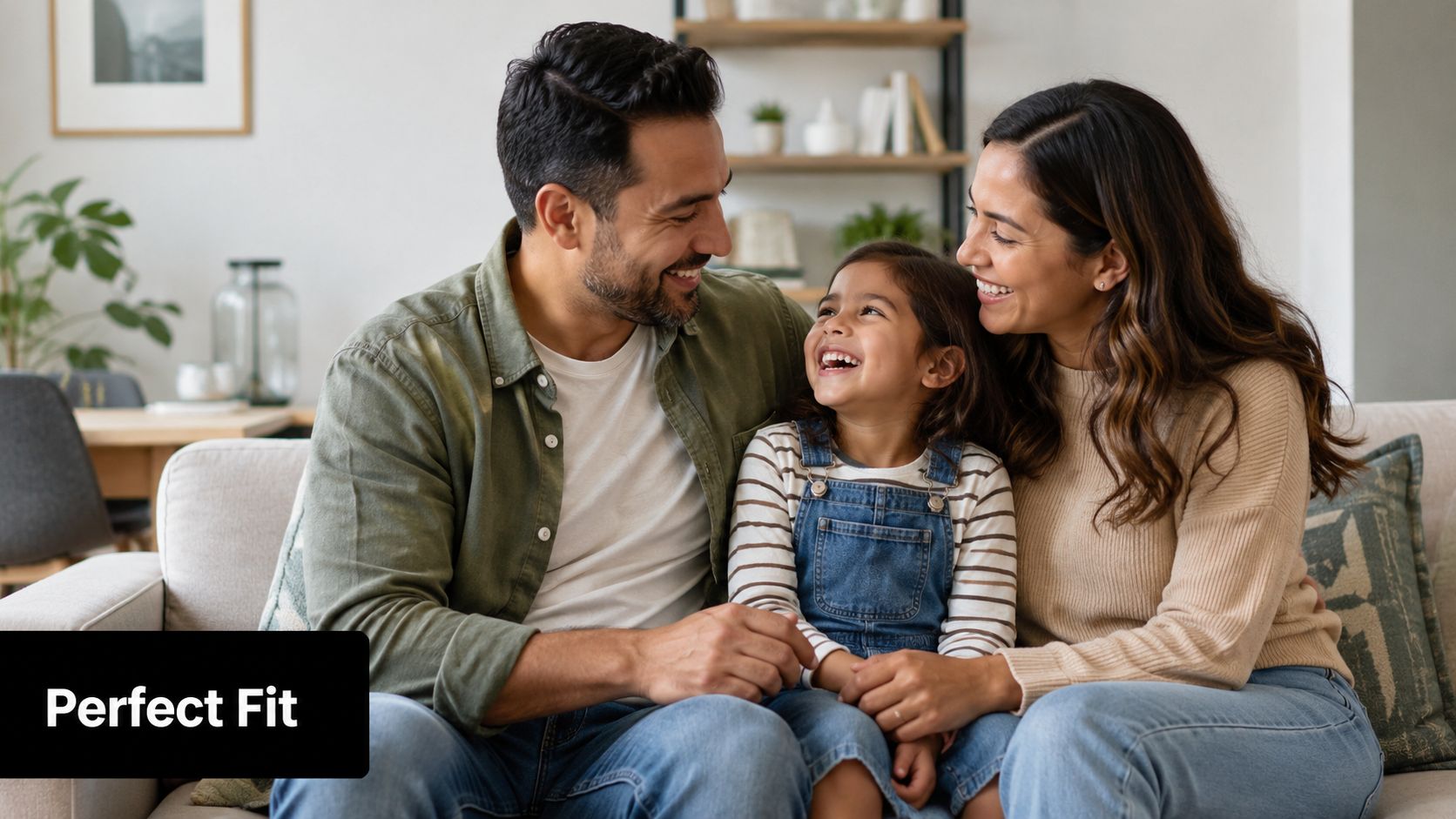 A happy family of three sitting together on a comfortable sofa in their living room.