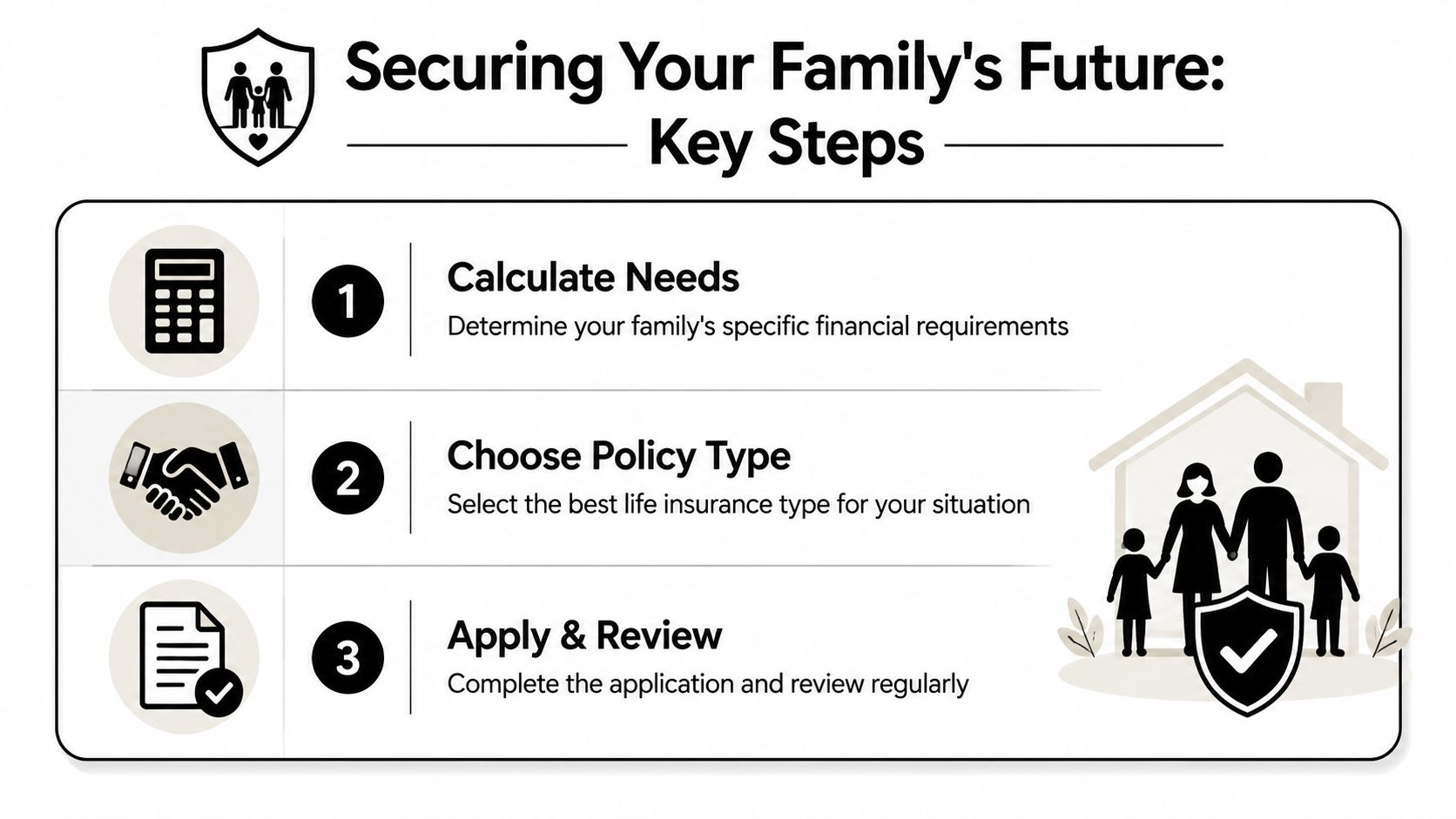 A three-step infographic titled Securing Your Family's Future detailing steps for choosing life insurance.
