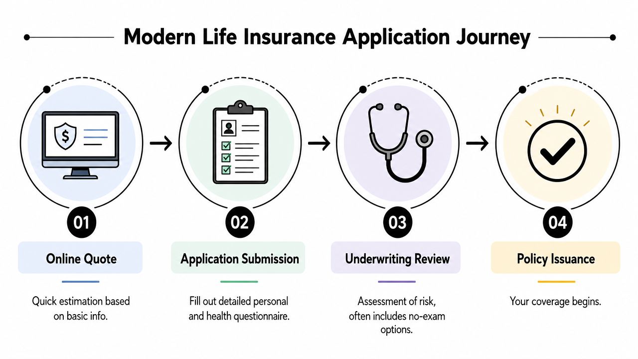 A four-step infographic illustrating the modern life insurance application journey from online quote to policy issuance.