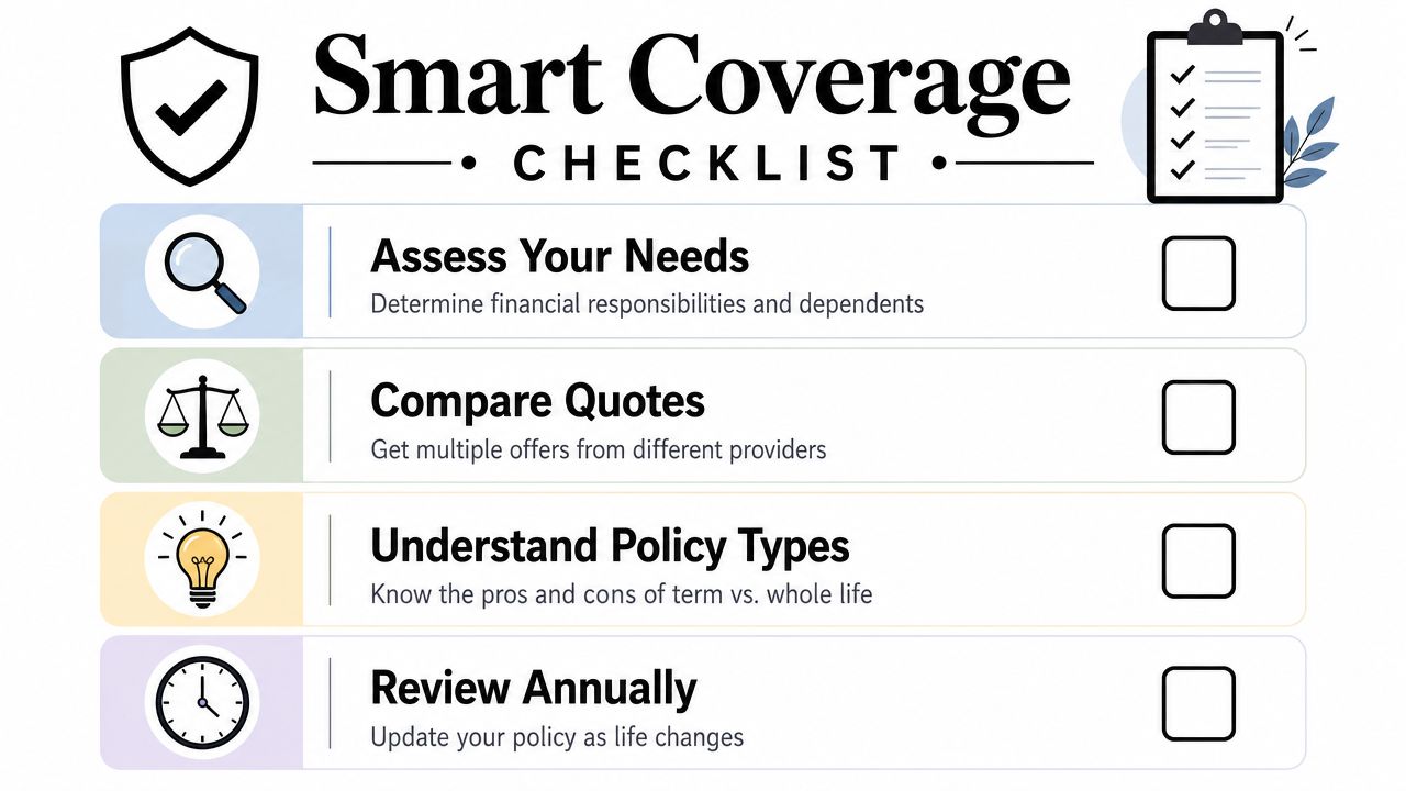 A checklist titled Smart Coverage Checklist outlining four essential steps for selecting a life insurance policy.